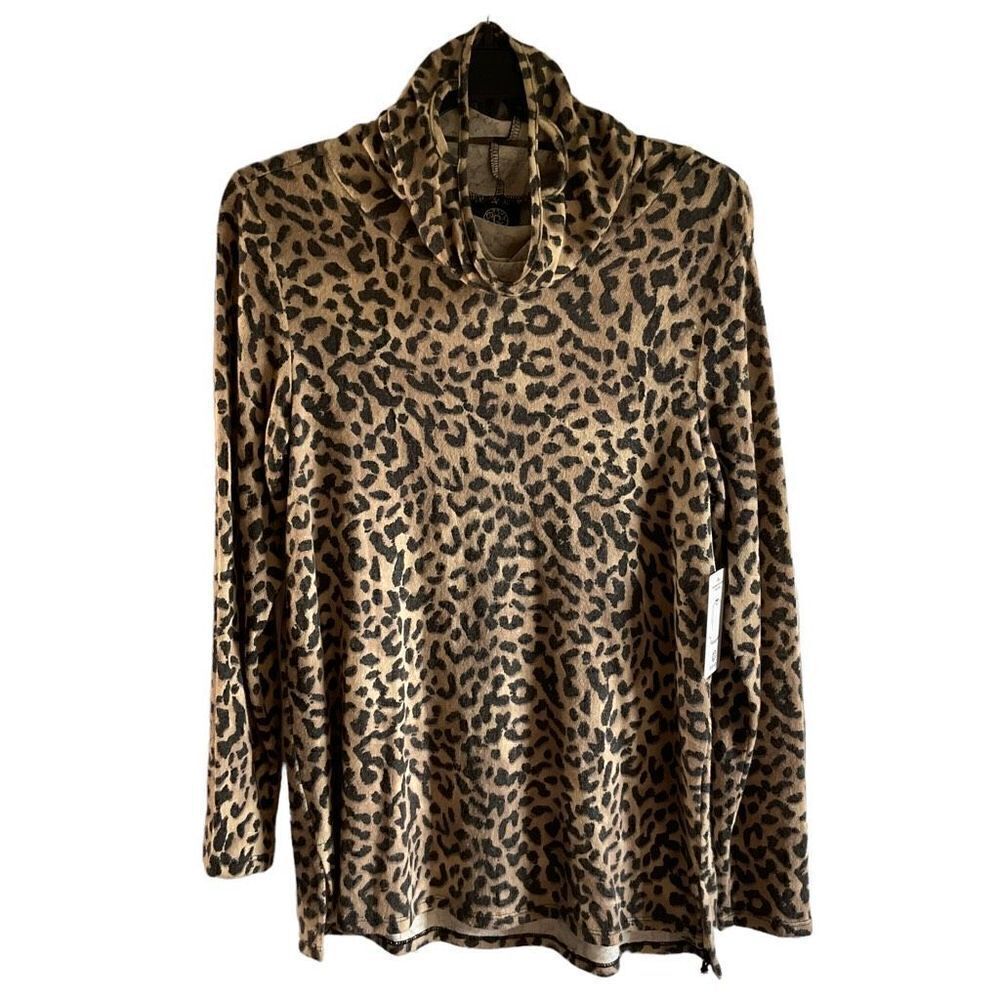 Bobeau Top Cowl Neck Built In Face Cover Black Tan Taupe Animal Print Small